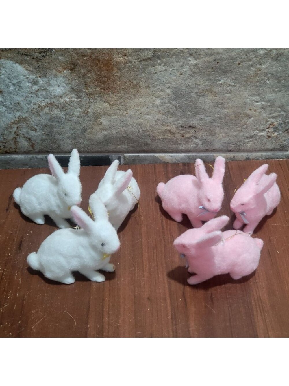 Vintage Flocked Bunny Easter Ornaments Lot of 6 Pink White Fuzzy Rabbit Figures